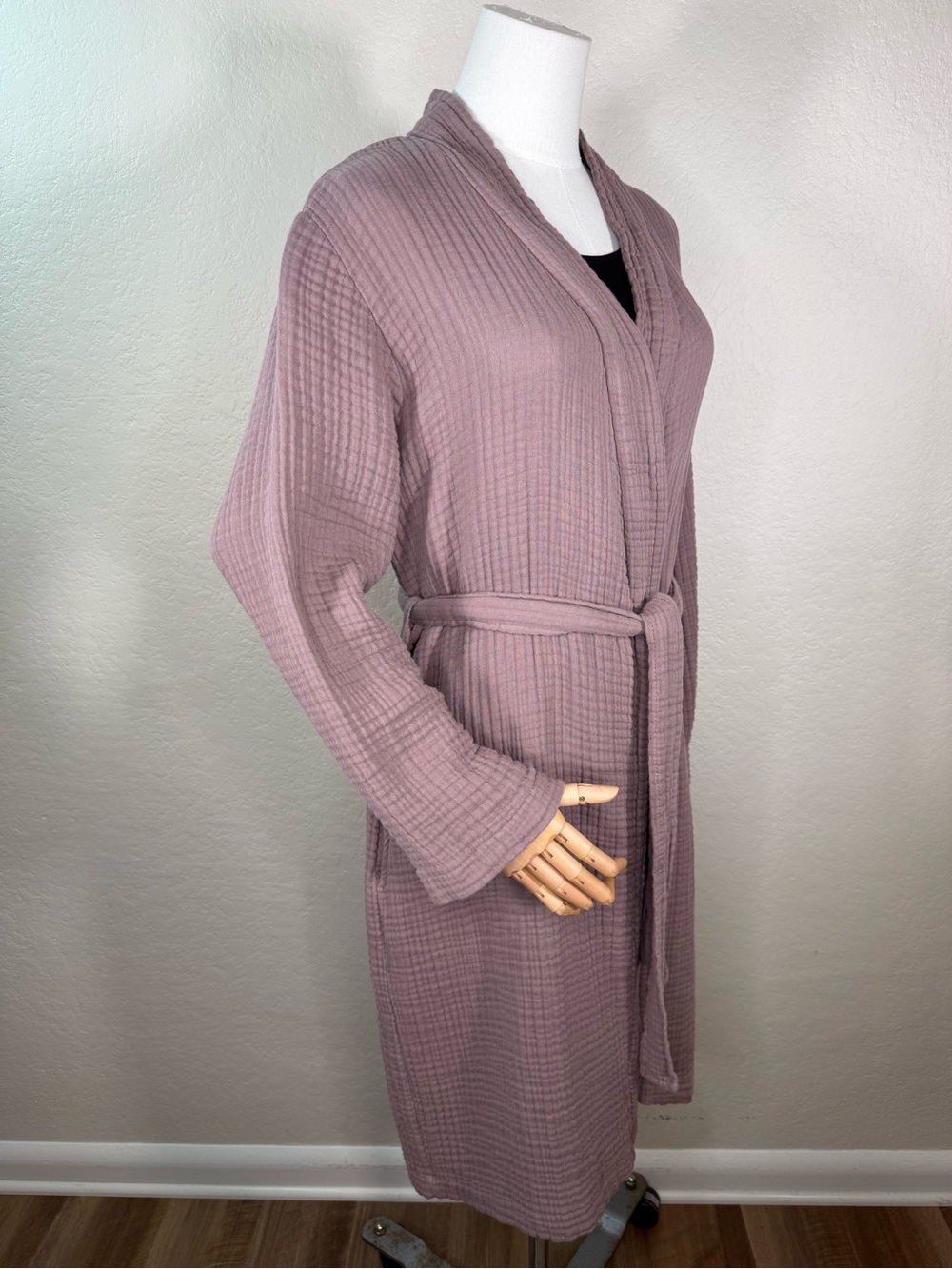 Parachute Robe Waffle Textured Cotton Gauze Kimono Belted 3/4 Sleeve SMALL EUC - Picture 2 of 16